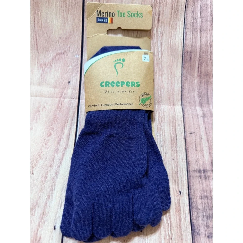 Creepers Merino Toe Socks Crew 2.0 Navy Blue Rainbow Striped XL Men 12-14.5 NEW